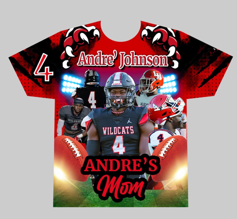 May include: Red and black football jersey with a white number 4 and the name Andre' Johnson. The jersey has a black and white graphic of a wildcat and the words "Wildcats" and "Andre's Mom".