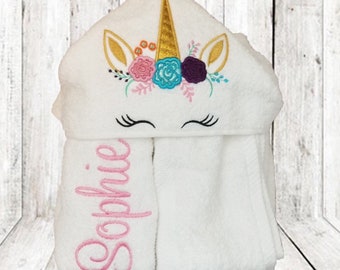 Beach Towel for Toddler Girls, Kids Unicorn Hooded Bath Towel, Baby Hooded Monogram Bath Towel, Personalized Hooded Animal Towel,