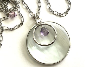 Magnifying Glass, Amethyst Crystal, Adjustable length silver chain, by Wendra