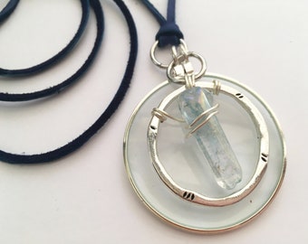 Magnifying Glass Necklace, Angel Aura Blue Quartz Crystal, Handmade by Wendra
