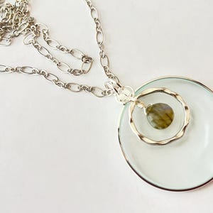 Magnifying Necklace, Iridescent Labradorite Crystal on Long Silver Necklace, Pendant Necklace, Handmade La Loupe by Wendra