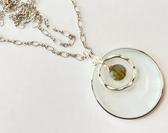 Magnifying Necklace, Iridescent Labradorite Crystal on Long Silver Necklace, Pendant Necklace, Handmade La Loupe by Wendra