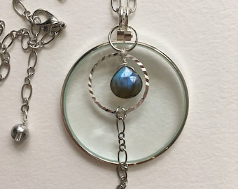Magnifying Glass Necklace with Labradorite Crystals, Handmade La Loupe By Wendra
