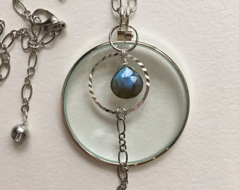 Magnifying Glass Necklace on silver chain with Labradorite Crystals, Handmade La Loupe By Wendra