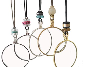 Magnifying Glass Necklaces on Lightweight Cord, Vintage Beads of Glass, Wood and Shells, La Loupe By Wendra