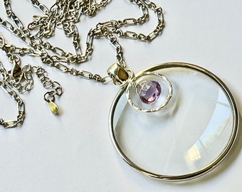 Magnifying Necklace, Sterling Silver with Amethyst Crystal Gem Stone. Adjustable length. La Loupe byWendra