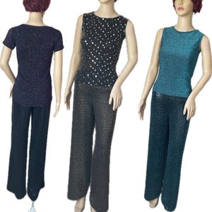 Sparkly trousers in three fabrics and three sizes