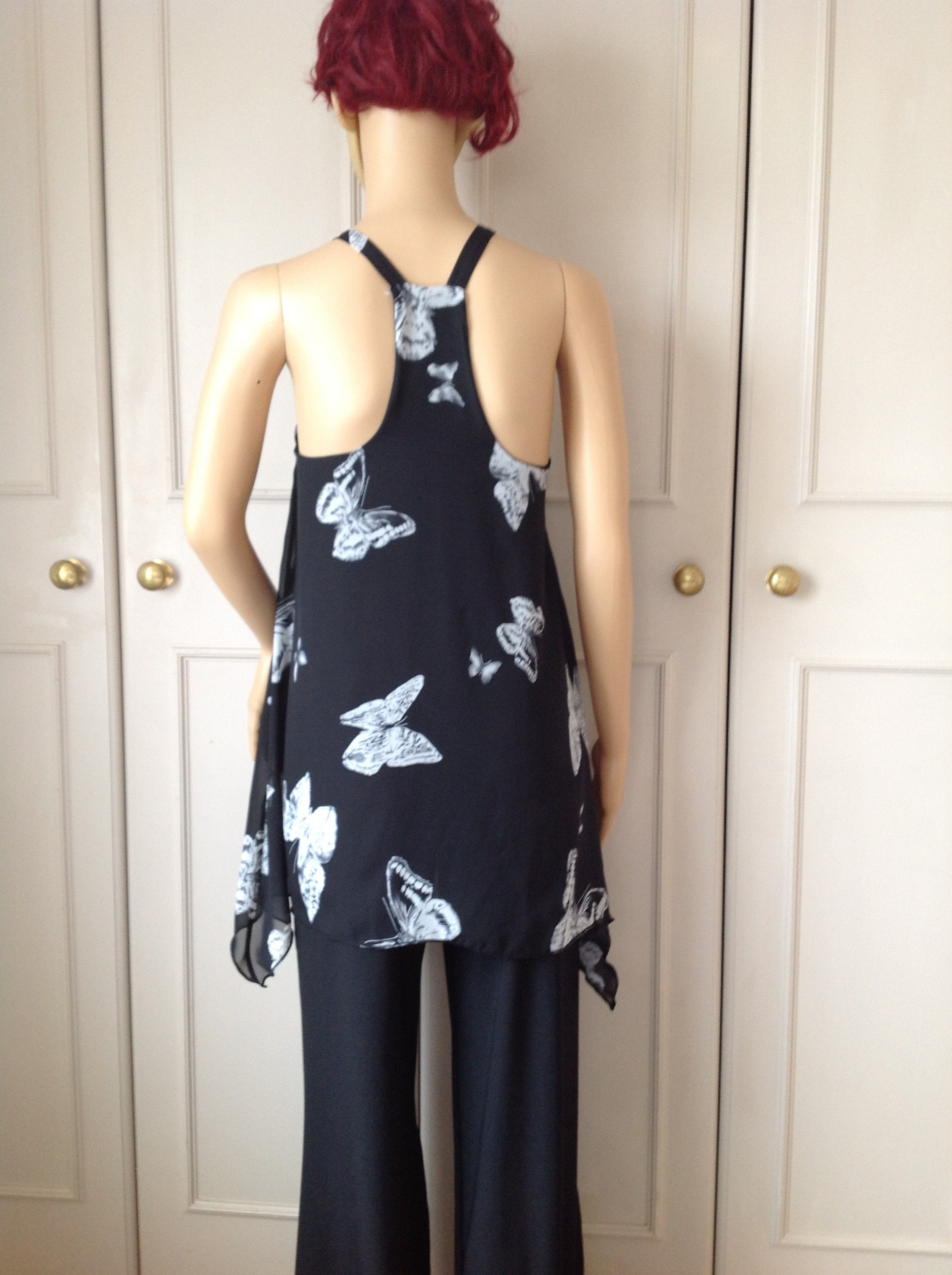 Image of Black & White Butterfly Chiffon Top in Large Size