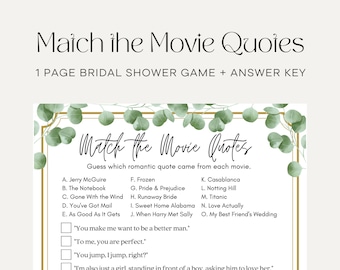 Match the Movie Love Quote, Bridal Shower Games Printables, Bridal Shower Game Idea, Bridal Shower Instant Download, Wedding Game, Bronze