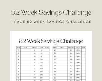 52 week Savings Challenge Printable Money Saver Savings Tracker