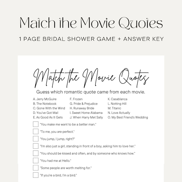 Match the Movie Love Quote, Bridal Shower Games Printables, Bridal Shower Game Idea, Bridal Shower Instant Download, Wedding Game, Bronze