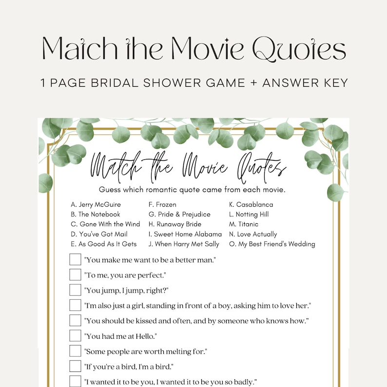 Match the Movie Love Quote, Bridal Shower Games Printables, Bridal
