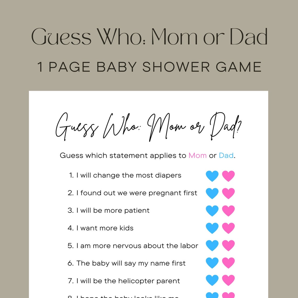Guess Who: Mom or Dad?, Baby Shower Game, Baby Shower Games Printables ...