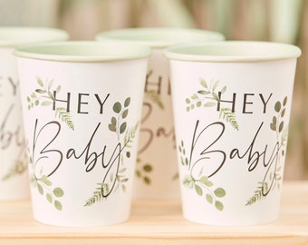 8 Hey Baby Shower Cups, Botanical Baby Shower Paper Cups, Greenery Baby Shower, Neutral Baby Shower, Gender Reveal Party, New Arrival Party