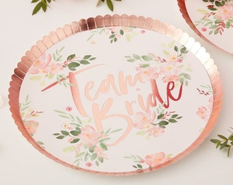 8 Rose Gold Team Bride Plates, Floral Rose Gold Hen Party Plates, Bachelorette Party, Bridal Shower Decor, Hen Party, Paper Party Plates