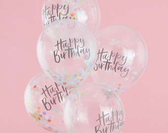 5 Rainbow Happy Birthday Confetti Balloons, Birthday Party Decorations, Birthday Party Balloons, Happy Birthday Rainbow Confetti Balloons