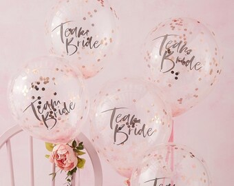 5 Hen Party Team Bride Confetti Balloons, Pink and Rose Gold Balloons, Hen Party Decorations, Bridal Shower Decor, Bachelorette Party Decor