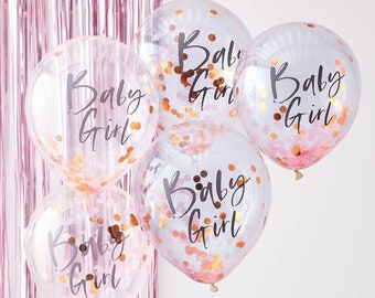 5 Rose Gold Pink Baby Girl Balloons, Confetti Balloons, Neutral Baby Shower, Baby Shower Decor, New Baby Party, Gender Reveal, Party Balloon