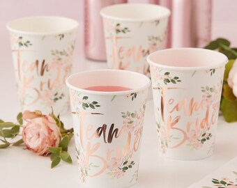 8 Rose Gold Team Bride Cups, Floral Rose Gold Team Bride Party Cups, EVJF Party Cups, Bachelorette Party Cups, Bridal Shower, Bridal Party