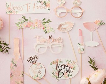 Pink and Rose Gold Hen Party Photo Props, Team Bride Photo Props, Floral Bridal Shower, Hen Party Photo Props, Rose GoldBachelorette Party