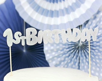 Silber 1st Birthday Cake Topper, Silber Glitzer Cake Topper, Erste Geburtstagsparty, Gold Party Dekorationen, Mädchen und Jungen Geburtstagsparty