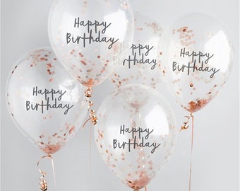 5 Rose Gold Happy Birthday Confetti Balloons, Rose Gold Party Balloons, Birthday Balloons, Birthday Party Balloons