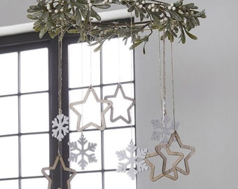 Hanging Mistletoe Stars Wreath, Christmas Decorations, Wooden Christmas Decorations, Christmas Party Backdrop, Christmas Stars Decorations,