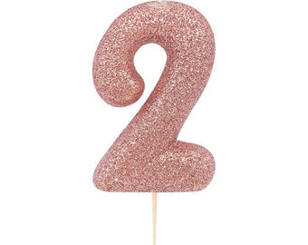 Number 2 Rose Gold Glitter Candle, 2nd Birthday Rose Gold Candle, Second Birthday Candle, Birthday Cake Candle, Rose Gold Decor, Two Candle