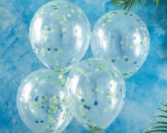 5 Dinosaur Green Blue Confetti Balloons, Birthday Party, Dinosaur Birthday Decorations, 1st Birthday Party, Children's Party, Kid's Party