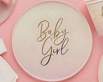 8 Pink Gold Baby Girl Baby Shower Plates, Gender Reveal Party Decorations