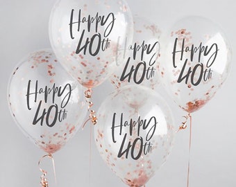 5 Rose Gold 40th Birthday Confetti Balloons, Fortieth Birthday Balloons, Birthday Party Balloons, Birthday Party Decorations, 40th Birthday