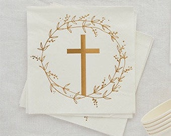 16 Gold Cross Communion Napkins, Christening Party Decorations,