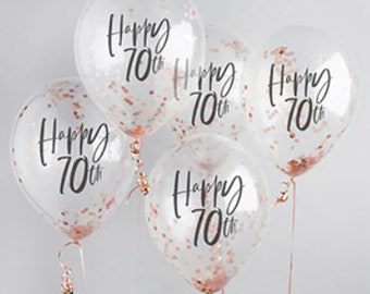 6 Rose Gold Confetti 70th Birthday Balloons, Seventieth Birthday Balloons, Birthday Party Balloons, Birthday Decorations, Rose Gold Birthday