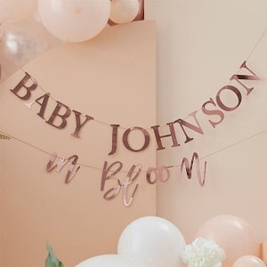 Personalised Rose Gold Baby in Bloom Bunting, Baby Shower Banner, Rose Gold Baby Shower Decorations, Baby Party Decorations, Gender Reveal