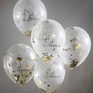 5 Gold Eid Mubarak Moon Star Confetti Balloons, Eid Party Celebration Decorations