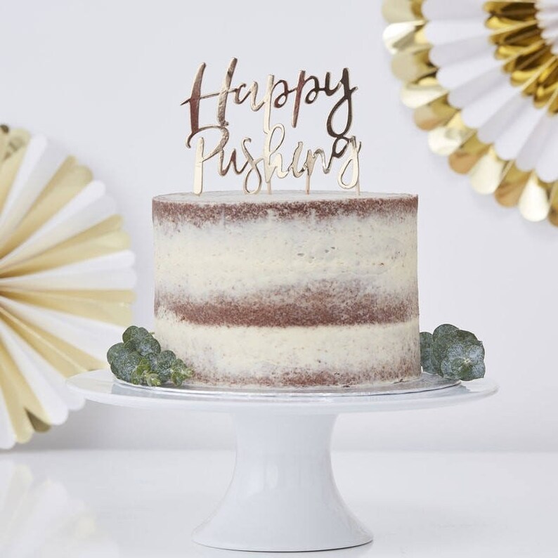 Gold Happy Pushing Cake Topper Baby Shower Cake Topper Etsy