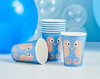 8 Seahorse Birthday Party Cups, Mermaid Party Decorations, Under the Sea Party Theme