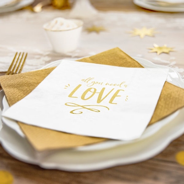 20 Gold All You Need Is Love Paper Napkins, Gold Wedding Napkins, Wedding Tableware, Gold Foil Wedding Napkins, Gold Party Tableware