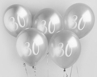 5 Silver 30th Birthday Balloons, Thirtieth Birthday Balloons, Birthday Party Balloons, Birthday Party Decorations, Silver Birthday Decor