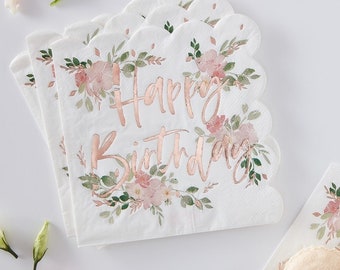 16 Rose Gold Floral Birthday Napkins, Birthday Party Napkins, Happy Birthday Napkins,