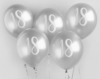 5 Silver 18th Birthday Balloons, Eighteenth Birthday Balloons, Birthday Party Balloons, Birthday Party Decorations, Silver Birthday Decor