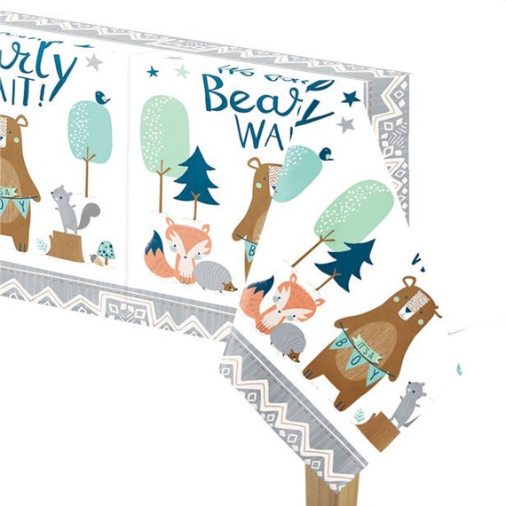 We Can Bearly Wait Table Cover Woodland Baby Shower Neutral Image 0