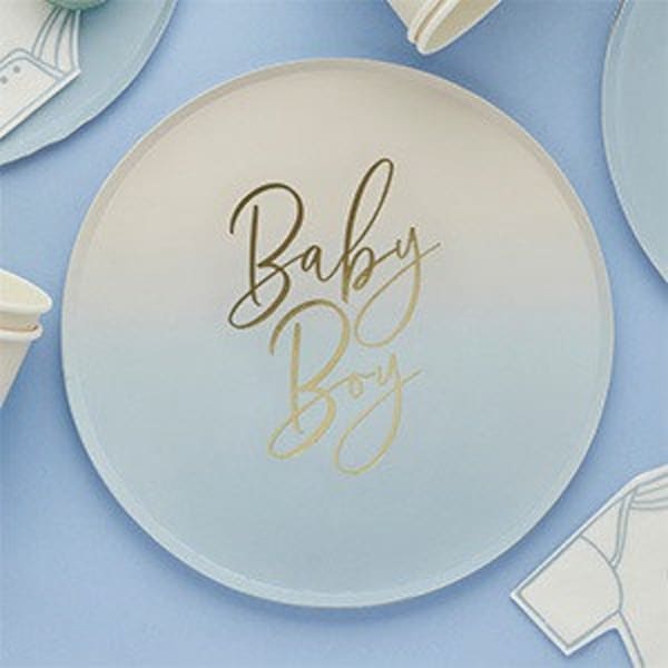 8 Blue Gold Baby Boy Baby Shower Party Plates, Gender Reveal Party Decorations