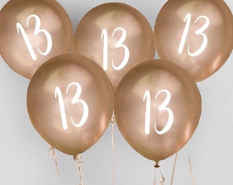 5 Gold 13th Birthday Balloons, Thirteenth Birthday Balloons, Birthday Party Balloons, Birthday Party Decorations, Gold Birthday