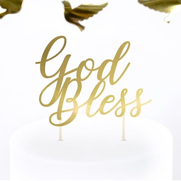 God Bless Cake Topper in Gold, First Communion Cake Topper, Wedding Cake Decoration, Christening Cake Decorations, Confirmation Decorations,
