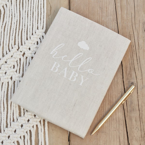 Hello Baby Journal Book, Baby Shower Gifts, Baby Neutral Linen Book, Baby Shower Gift Keepsake, Neutral Girl Boy Baby Shower, Baby Milestone