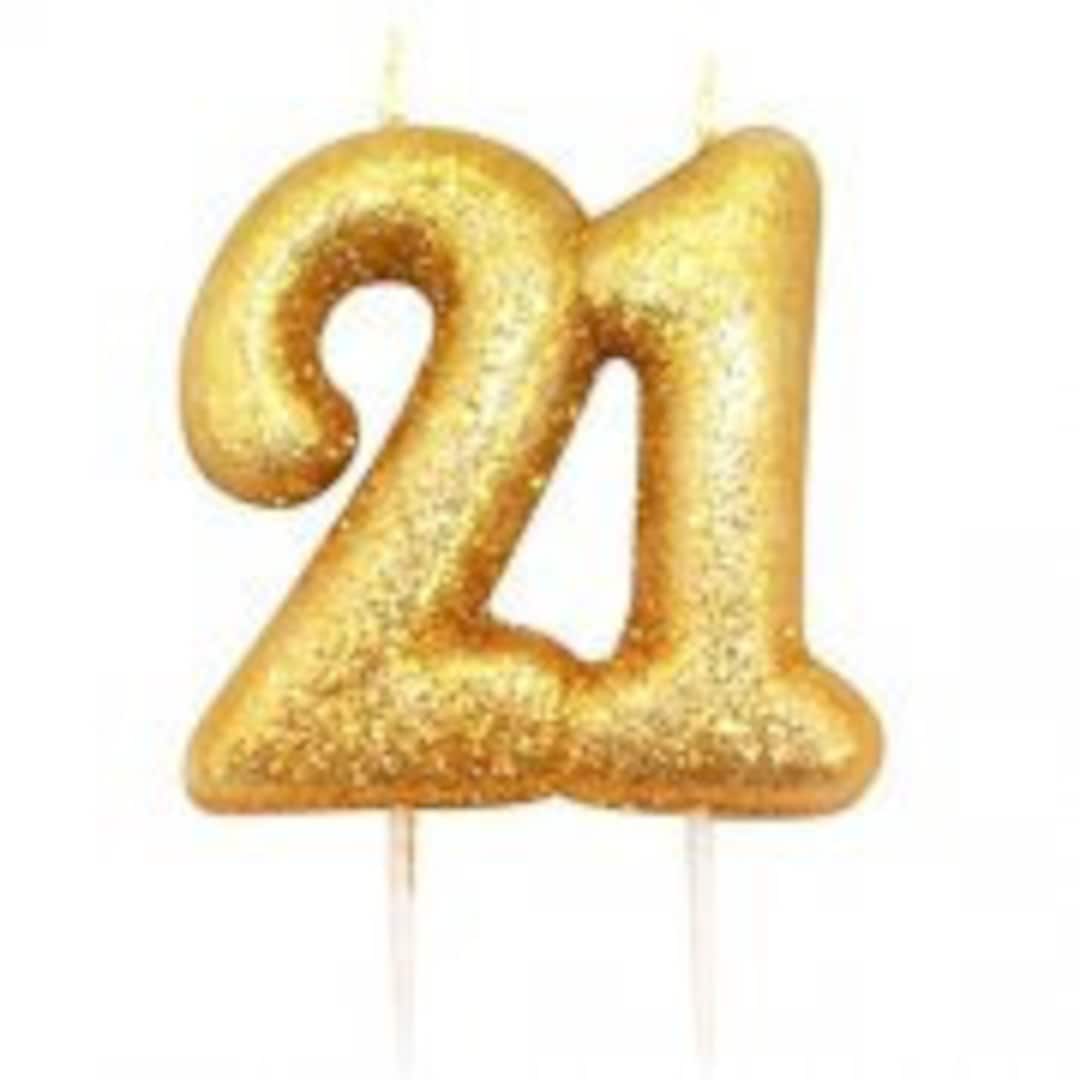 Number 21 Gold Glitter Candle, 21st Birthday Gold Candle, Birthday Cake