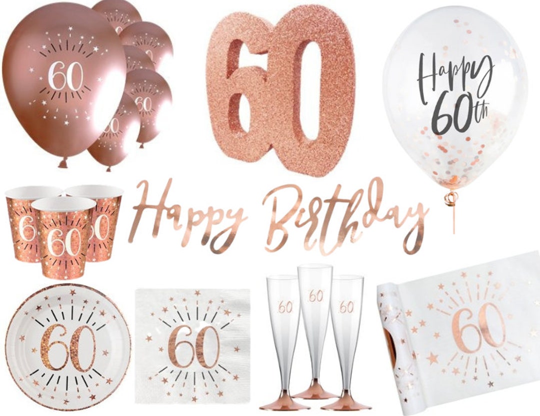 Rose Gold 60th Birthday Decorations, 60th Party Tableware, Rose Gold