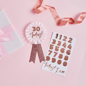 Rose Gold Birthday Badge, Rose Gold Party, Customisable Birthday Party Pin Badge, Rose Gold Birthday Rosette, Birthday Party Props,