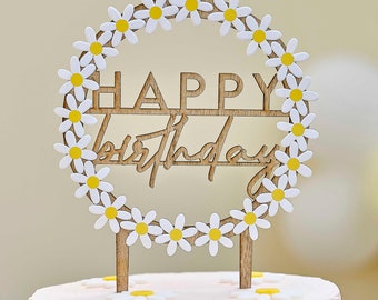 Wooden Happy Birthday Daisy Cake Topper, Wooden Birthday Cake Topper, Birthday Party Decorations, Cake Accessories